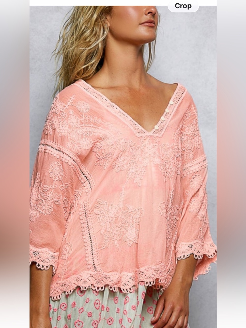 #199-0361 New POL Peach Embroidered Lace-Trim Tunic